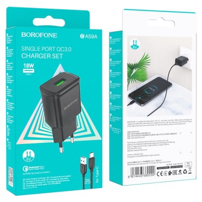 Cargador Borofone BA59A 18W con Cable USB-C – Carga Rápida y Segura