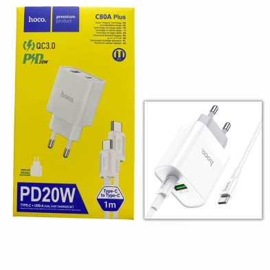 Hoco C80A Plus 20W Charger | Dual USB-A and Type-C with Fast Charging