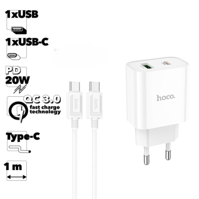 Hoco C80A Plus 20W Charger | Dual USB-A and Type-C with Fast Charging