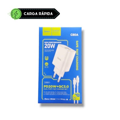 Hoco C80A 20W Charger + Lightning Cable | Fast Charging and Dual USB-C