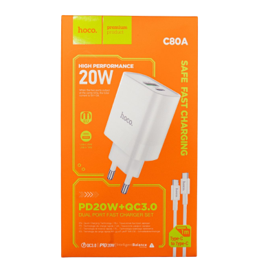 Hoco C80A 20W PD + QC3.0 Charger with USB-C Cable | Dual Quick Charge