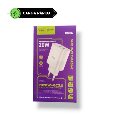 Cargador Hoco C80A 20W – Carga Rápida USB-A y USB-C para iPhone, Android y más