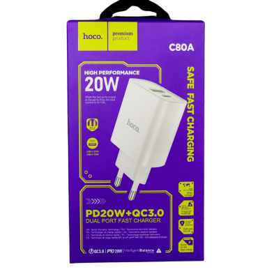 Cargador Hoco C80A 20W – Carga Rápida USB-A y USB-C para iPhone, Android y más