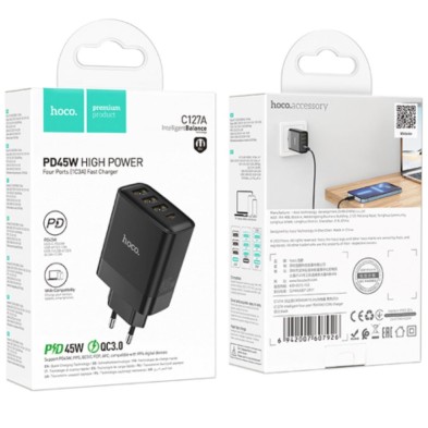 Cargador Hoco C127A 45W | 1 USB-C + 3 USB-A | Carga Rápida y Segura