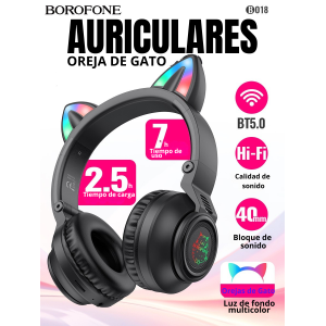 Audífonos Bluetooth Borofone BO18 | Orejas de Gato con Luces LED